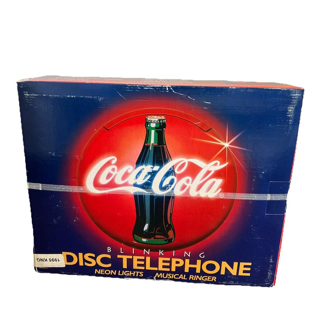 1995 Coca Cola Blinking Disc Telephone New W/Box Neon Lights Musical Ringer VTG
